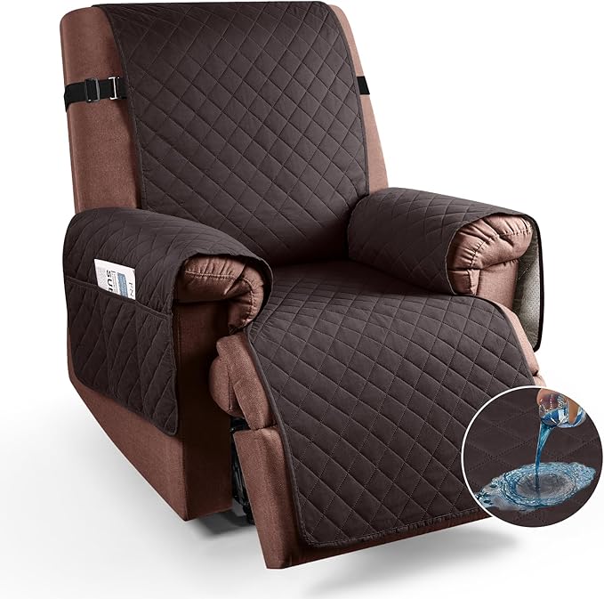 KinCam 100% Waterproof Recliner Chair Cover, Reclining Couch Covers for Pets, Dogs, Recliner Couch Slipcover Furniture Protector with Elastic Straps for Kids(30", Chocolate)