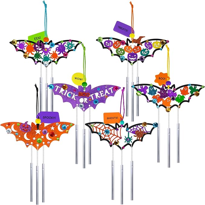 Winlyn 24 Sets Halloween Crafts Fall Crafts Halloween Bat Craft Kits DIY Wooden Bat Wind Chimes Ornaments Craft Kits for Kids Classroom Activities Art Project Halloween Decorations Party Favors