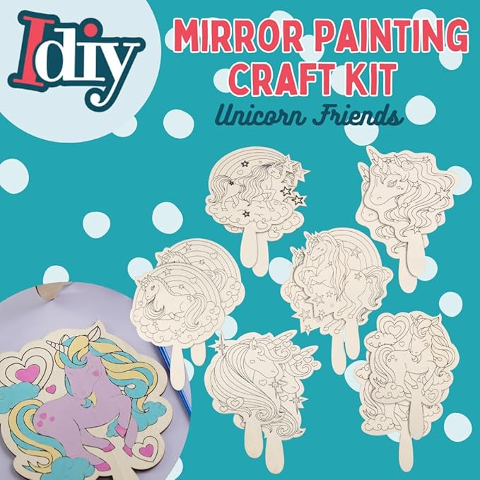 Idiy Paint Your Own Mirror Kids Party Craft Kits(12 Unicorn Friends Wood Mirrors w Paints)-Each Kit Has its Own Brush, Paint, & Project-Fun, Unique Birthday Favors, Classroom School Activity Gift