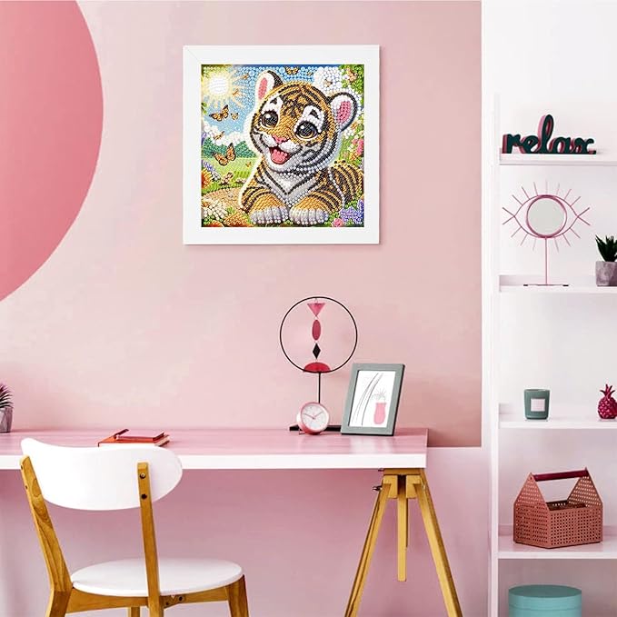 Tiger Diamond Art Painting Kits with Frame- Animal Gem Painting Kit with Frame, Cute Diamond Painting for Wall Decoration 7X7 Inch