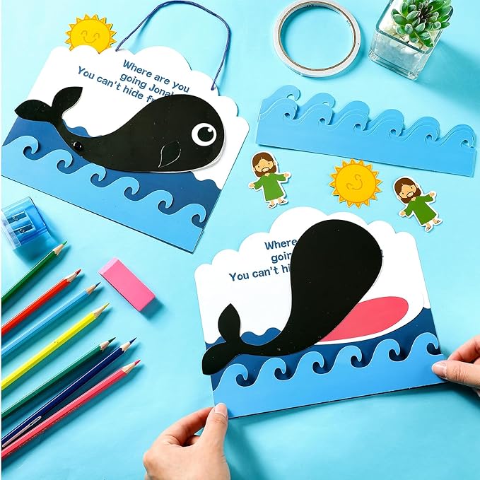 Wenqik 24 Pcs Jonah and The Whale Craft Kit DIY Christian Sunday School Crafts Jonah and The Whale Decorations Make Your Own Jonah and The Whale Set for Kids Classroom Fun Activities Art Supplies