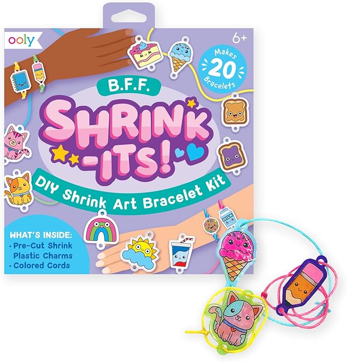 Ooly Shrink-Its DIY Shrinking Art BFF Bracelets & Vivid Pop Marker Kit, 20 Pre Cut Shrinking Charms & 4 Cords, 8 Water Based Paint Markers for Kids in Classic Colors