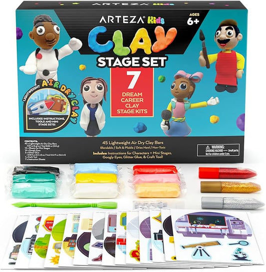 Arteza Kids Air Dry Clay, 42 Bars, Dream Career Modeling Clay Kit, 14 Mini-Stages, 14 Googly Eyes, 3 Glitter Glues, 1 Craft Tool, 7 Instruction Sheets, Craft Supplies for Learning and Developing