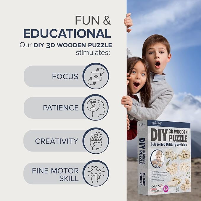 Hands Craft DIY 3D Wooden Puzzle – 6 Assorted Military Vehicles Bundle Pack Set Brain Teaser Puzzles Educational STEM Toy Adults and Kids to Build Safe and Non-Toxic Easy Punch Out Premium Wood JP2B6