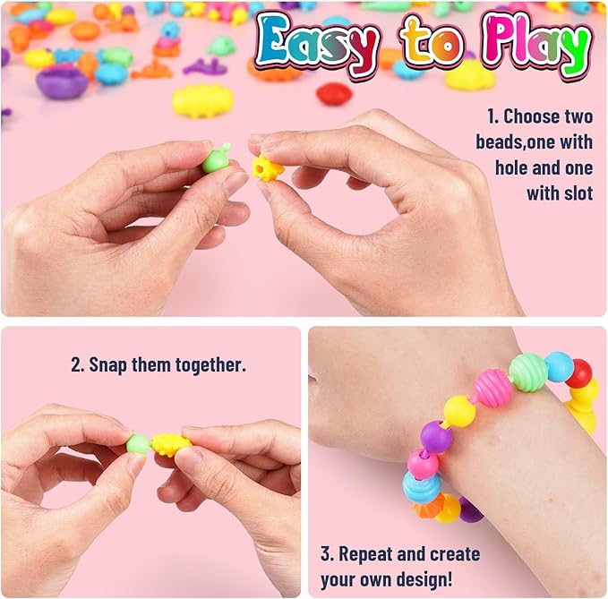 FUNZBO 650pcs Pop Beads - Jewelry Making Kit for 3 4 5 6 7 8 Year Old Little Girls, Arts and Crafts Toys for Kids, Necklace Bracelet Ring Creativity Snap Set Birthday Holiday Easter Gifts