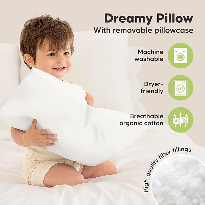 Toddler Pillow with Pillowcase - 13x18 My Little Dreamy Pillow, Organic Cotton Toddler Pillows for Sleeping, Kids Pillow, Travel Pillows, Mini Pillow, Nursery Pillow, Toddler Bed Pillow (Bumble Bear)