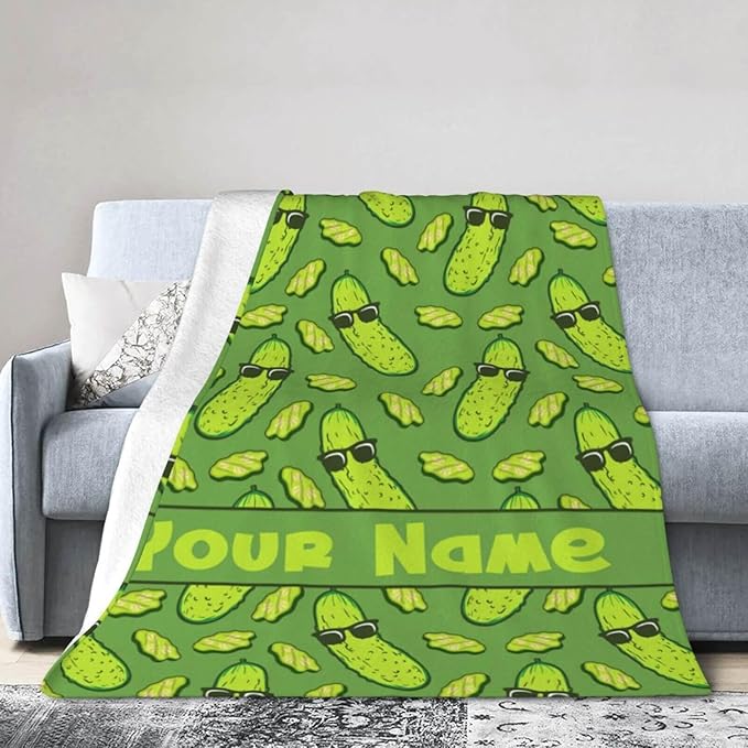 Custom Pickle Blanket with Name for Boys Girls, Personalized Cute Pickle Themed Design Printed Throw Blankets for Kids Lap, Chair, Giftable Blanket, 30"x 40"