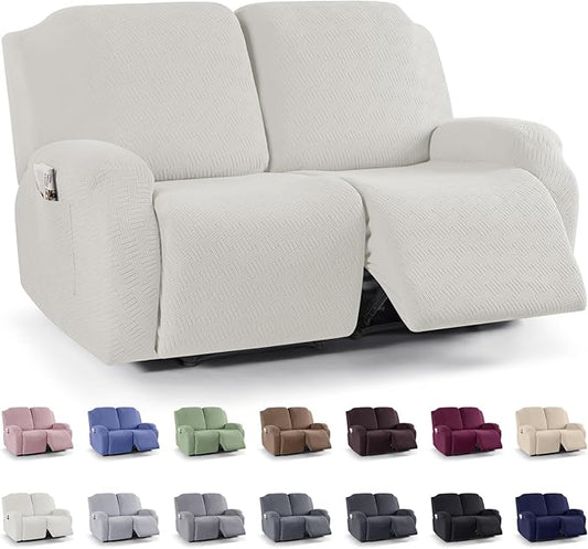 KinCam Recliner Covers, Stretch Reclining Chair Covers, Recliner Sofa Slipcovers Stripe Jacquard Recliner Couch Covers Furniture Protector Covers (2 XL Seater, Cream)