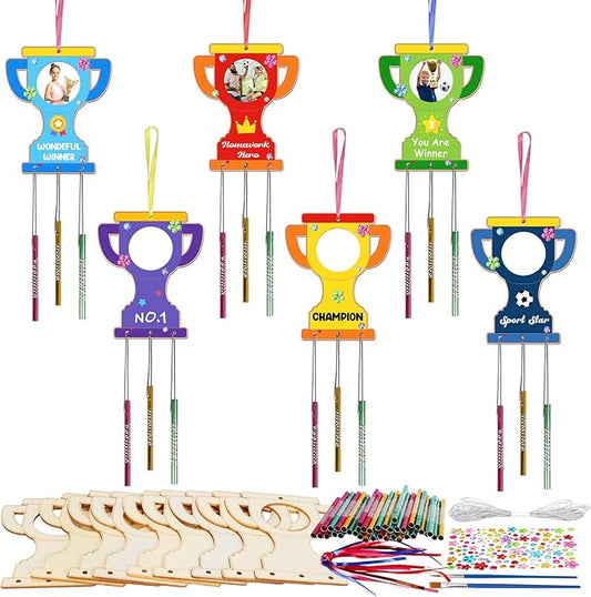 Fennoral 9 Pack Trophy Wind Chime Kit for Kids Make You Own Photo Frame Wind Chime DIY Coloring Wooden Art and Craft for Art Project Rewards Winning Prizes Birthday Christmas Party Favors