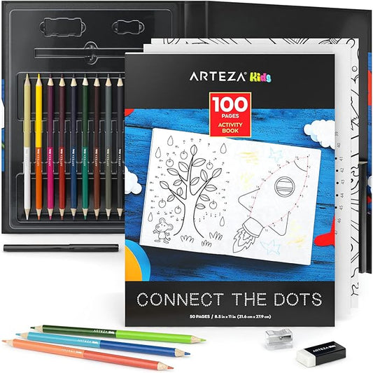 Arteza Kids Activity Book, Dot to Dot Coloring Book, 8.5 x 11 Inches, Back to School Supplies for Ages 6 and Up, 50 Sheets, 12 Double-Ended Colored Pencils, Black Marker, Eraser, Pencil Sharpener