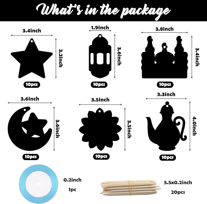 WATINC 60pcs Ramadan Scratch Paper Art Kit for Kids, Eid Mubarak Magic Color Scratch Off Cards Hanging Ornaments Craft, Al-Fitr Party Classroom Activity School DIY Drawing Project Supplies