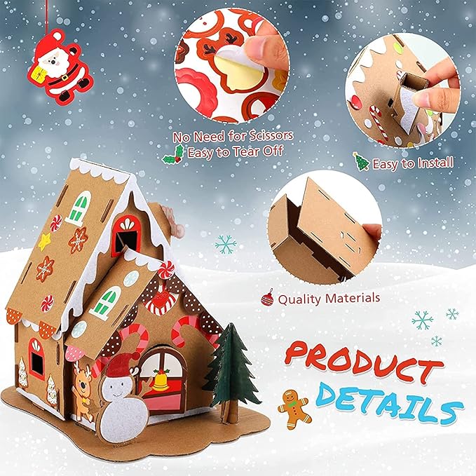 Sumind 3 Sets Christmas Gingerbread House Kit Small Xmas DIY Craft Kit Mini Christmas Cardboard Make-a-Gingerbread House Craft for Christmas Party Craft Holiday Supplies Decor(Classic Style)