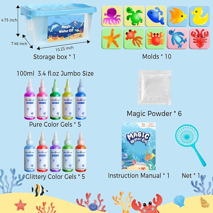 MINISENTIALS Magic Water Elf Toy Kit - 10 Colors Aqua Art Gel 100ml Jumbo Size Famliy Set - 10 Sea Creature Molds Magic Fairy Squishy Maker - Party Favor Birthday Christmas Gift for Kids
