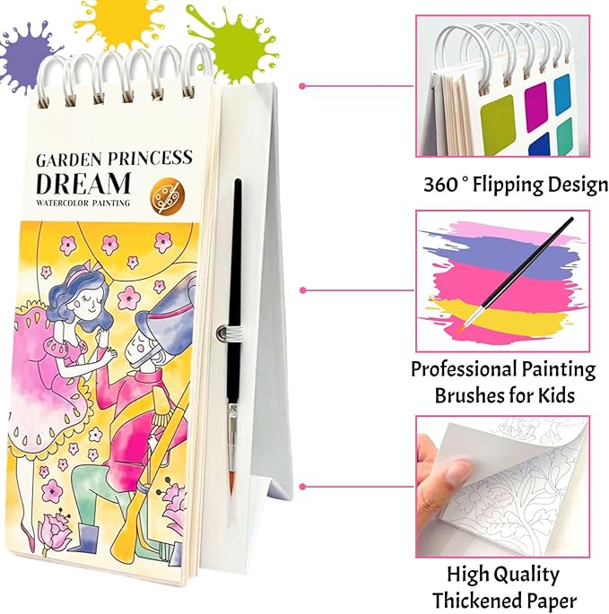 Riomhorry Water Coloring Books for Toddlers, Water Painting Easel Books with Brush for Kids Ages 2-4, 4-8, Watercolor Book to Toddler Painting Activities, Garden Princess