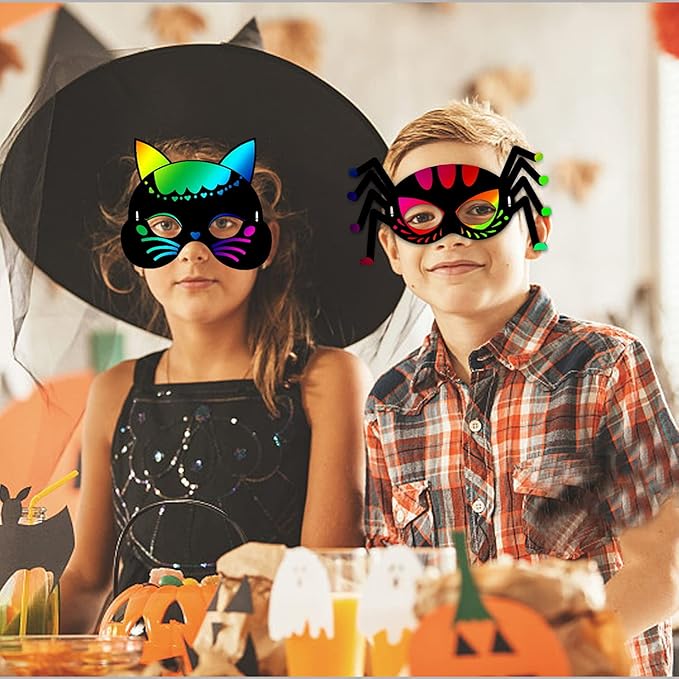 Natonhi 32Pcs Halloween Crafts for Kids Rainbow Scratch Mask, Halloween Games Scratch Art and Craft Kit Halloween Classroom Activities Favors Party Supplies