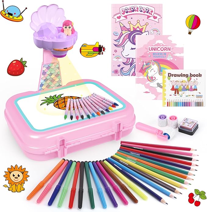 Drawing Projector for Kids,Arts and Crafts for Kids,Include Drawing Board,Crayons,Coloring Book,Stickers etc,Kids Toys for Age 3-5 Year Old Girls Christmas & Birthday Gifts (Mermaid Drawing Box)