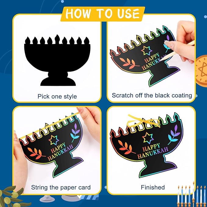 JULMELON Hanukkah Scratch Art, 36 PCS Hanukkah Craft Kits for Kids Rainbow Magic Scratch Art Chanukah Hanging Ornaments Scratch Paper for Hanukkah Decorations Kids Party Games Toys Gifts