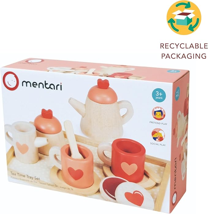 Mentari Toys - Tea Time Tray Set - Wooden Pink Teapot, Cups and Trays for Pretend Afternoon Tea Party - Social, Creative, and Imaginative Development - Learning Role Play - Age 3+