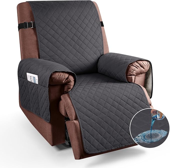 KinCam 100% Waterproof Recliner Chair Cover, Reclining Couch Covers for Pets, Dogs, Recliner Couch Slipcover Furniture Protector with Elastic Straps for Kids(30", Charcoal Gray)