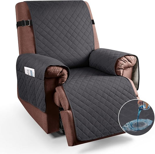 KinCam 100% Waterproof Recliner Chair Cover, Reclining Couch Covers for Pets, Dogs, Recliner Couch Slipcover Furniture Protector with Elastic Straps for Kids(30", Charcoal Gray)