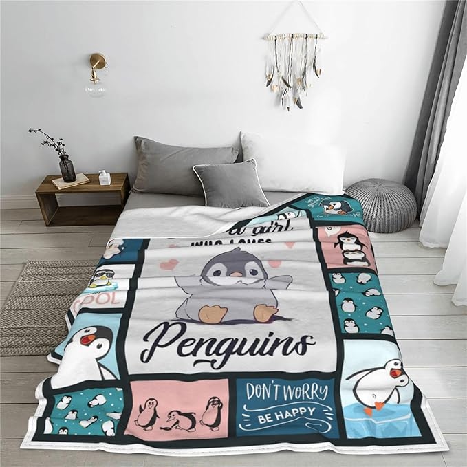 Penguin Blanket Gifts for Boys Girls Women Kids Adults Penguin Lover Blue Ice Antarctic Cute Animals Throw Blanket Soft Cozy Fleece Plush Warm Flannel Bedding Blanket for Couch Sofa Chair 50"X60"