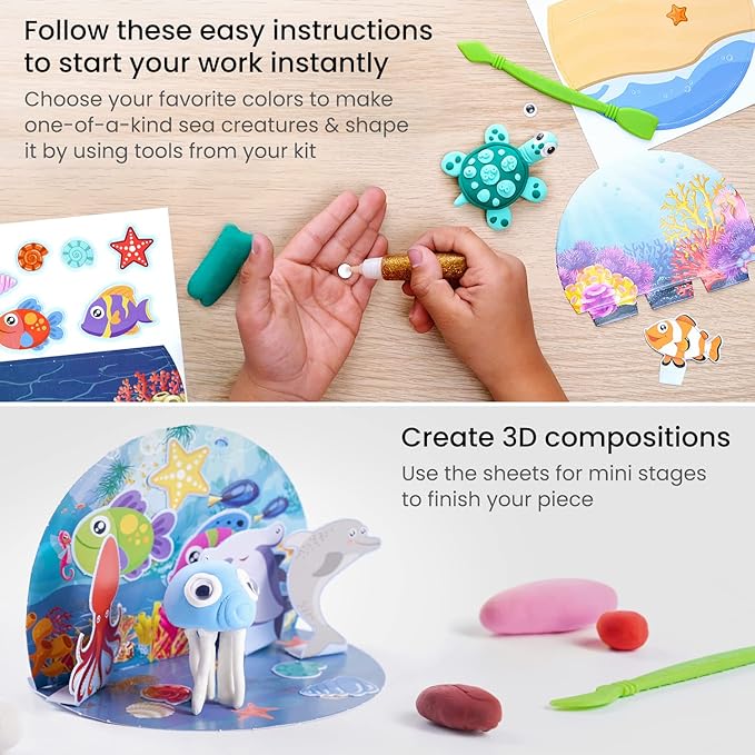 Arteza Kids Air Dry Clay, 42 Bars, Sea Life Stage Modeling Clay Kit, 14 Mini-Stages, 18 Googly Eyes, 3 Glitter Glues, 1 Craft Tool, 7 Instruction Sheets, Craft Supplies for Learning and Developing