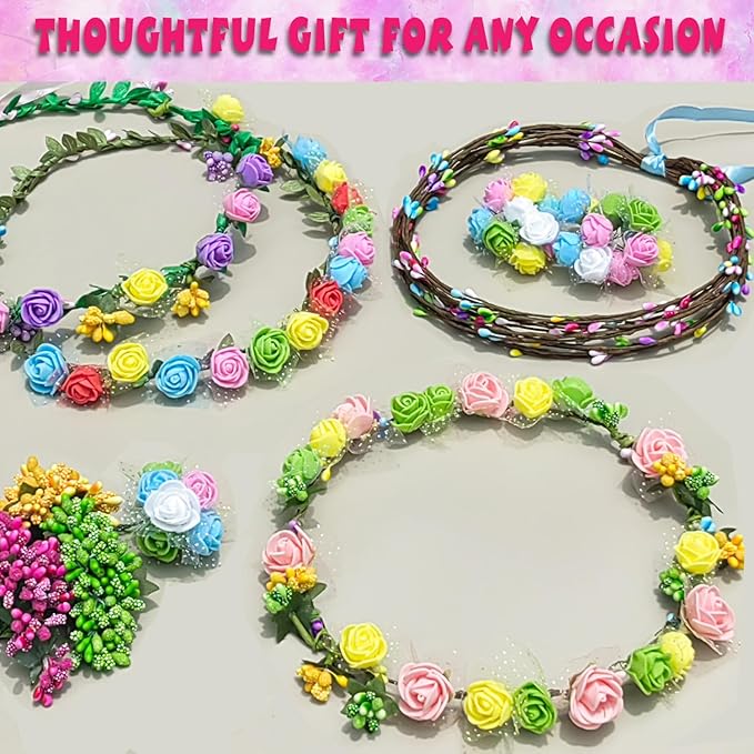 WUBOMJIO DIY Flower Crown Crafting Kit(Rose Theme), Make Your Own 12PC Floral Crown Garland Kit, Presents for Kids Ages 6 7 8 9 10 Years Old and Up