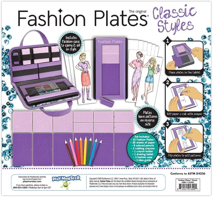 Fashion Plates Classic – Girls Fashion, Mix-and-Match Drawing Kit, Arts and Crafts, Coloring, Art Supplies, Craft Supplies, Stencils, Crayons Included, Create Your Own Fashion Designs, Ages 6+