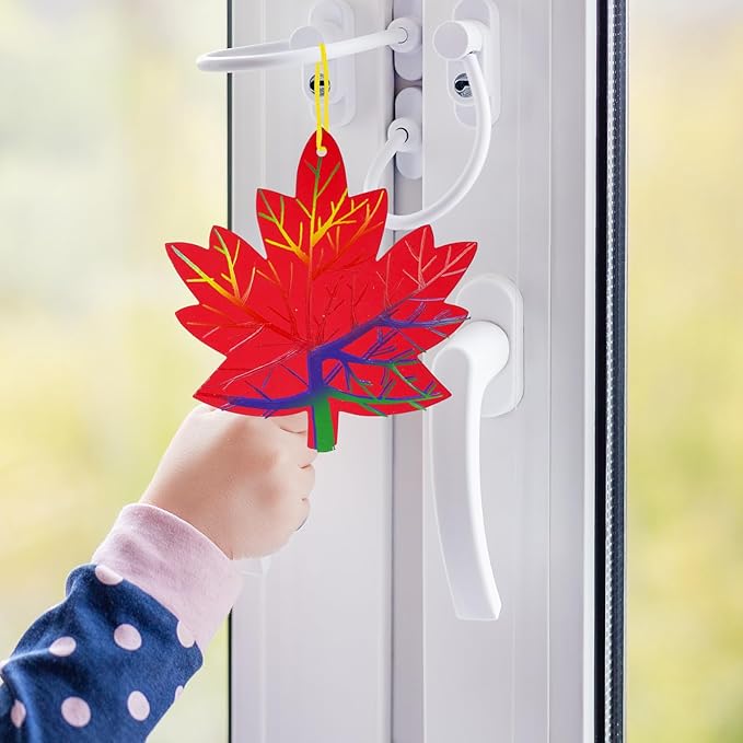 Winlyn 48 Sets 12 Desgins Colorful Magic Color Scratch Fall Leaves Ornaments Decoration Autumn Scratch Art Leaves Fall Leaf Craft Kits for Kids Halloween Thanksgiving Classroom Activities Party Favors