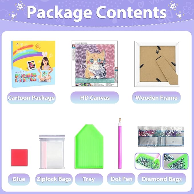 hkejoi Cat Diamond Painting Kits with Frame, Cat Diamond Art Kits, Cat Gem Art Kit, Crystal Art for Gift Home Wall Decor 7x7 Inch