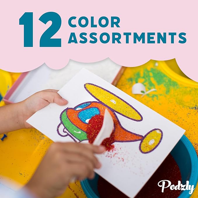 Podzly 16.5 Pound Colored Play Sand - Assorted Colorful Craft Art Available in 12 Colors! Perfect for Sand Art, Crafts, Kids' Projects, Rangoli Colors, and DIY Kits for Kids. Explore Your Creativity!