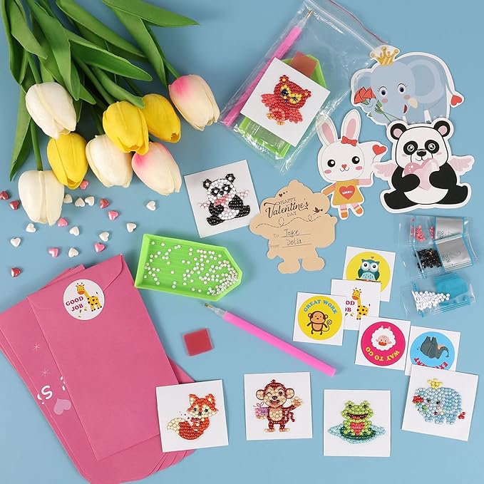 Valentines Day Cards for Kids - 28pcs Diamond Animal Craft Kits Valentines Cards, Kids Valentines Day Cards with 7 Different Gem Stickers for School Classroom Valentine's Gifts Exchange Decorations
