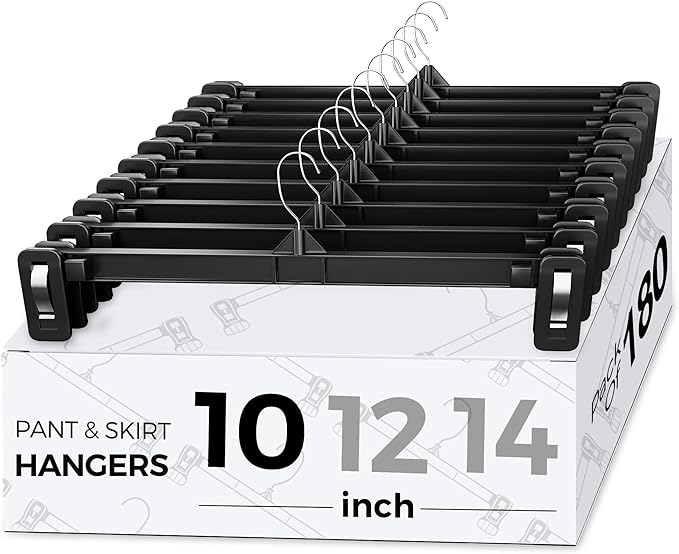 Smartor Space Saving Heavy Duty Hangers - 180 Pack, Slim Plastic Pants and Shorts Hangers, Ridged Non-Slip with Pinch Clips, 360-Rotating Chrome Swivel Hook, Black, 10 Inches