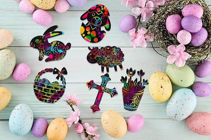 XJF Easter Scratch Art for Kids,24pcs Easter Eggs Bunny Chick Ornament,Magic Scratch Paper Art for Easter Decoration,Party Supplies,Classroom Activity Black