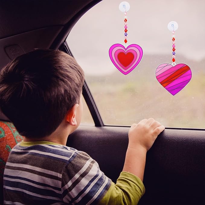 Winlyn 24 Sets Heart Suncatchers Ornaments Decorations DIY Window Paint Art Stickers Craft Kits Heart Sun Catchers for Kids Valentine's Day Classroom Activities Art Project Party Favors Gift Exchange