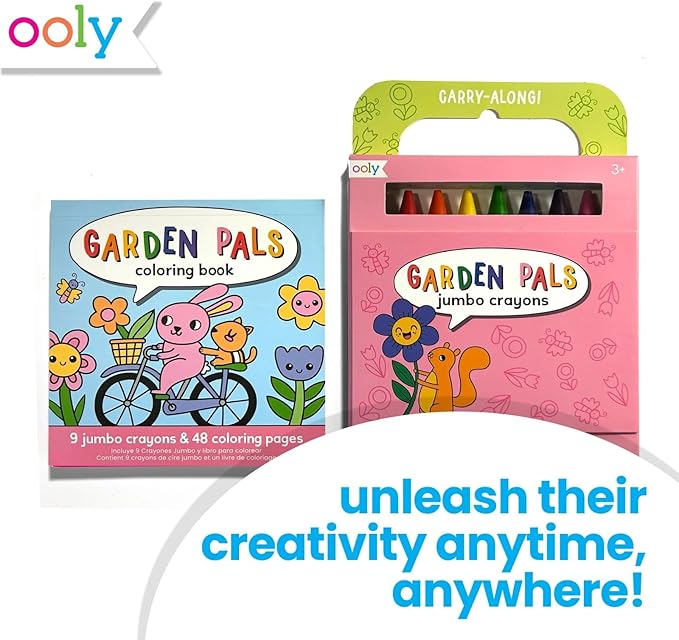 Ooly Travel Art Kit with 9 Jumbo Crayons, 48 Themed Coloring Pages & Case for Easy Traveling Art Creation, Perfect Airplane Travel Set to Entertain Kids - Garden Pals