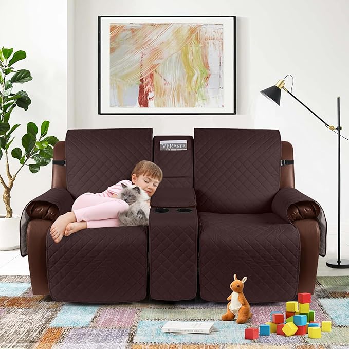 KinCam 100% Waterproof Recliner Loveseat Cover with Console, Non-Slip Reclining Couch Covers for 2 Seat, Recliner Sofa Cover Furniture Protector with Elastic Straps for Kids, Pets, Coffee