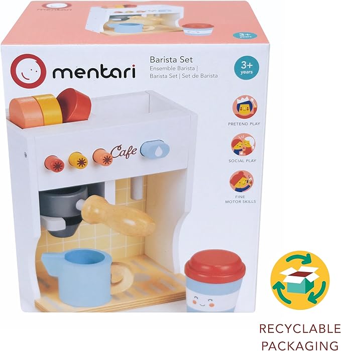 Mentari Toys - Barista Set - Wooden Coffee Machine Pretend Food Play Toy with Espresso Capsules and Cups - Made with Premium Materials and Craftsmanship - Age 3+