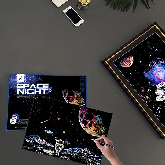 Space Series Scratch & Engraving Art Paper Kit (16"x11.2") for Kids & Adults - Rainbow Sketch Cosmos Astronaut Starry Sky Painting Painting Scratchboard- 3 Pack with 5 Tools: Drawing Pens, Clean Brush