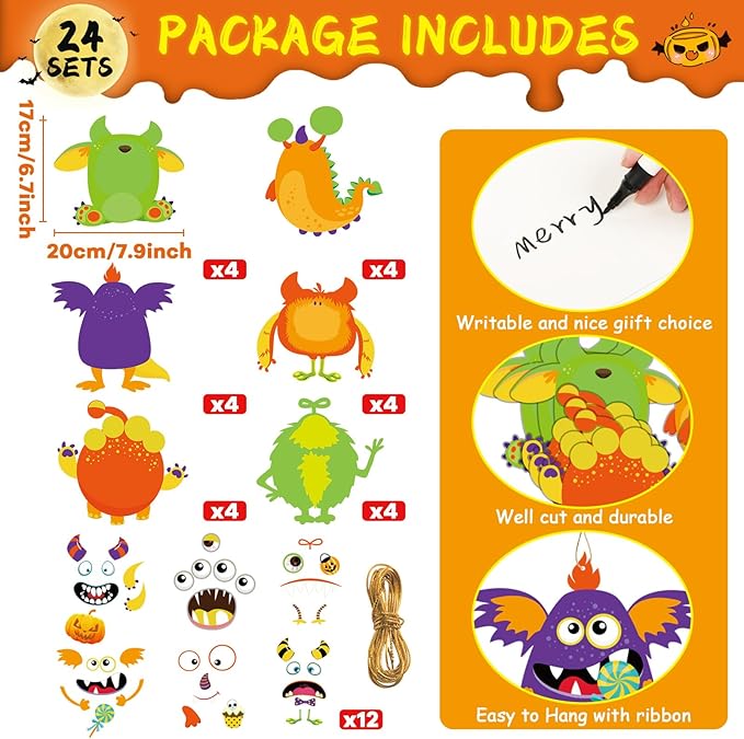 party greeting 24 PCS Halloween Craft Kits DIY Monster Craft for Kids, Make Your Own Monster Set, Monster Paper Decorative Kit for Home Class Game Activities
