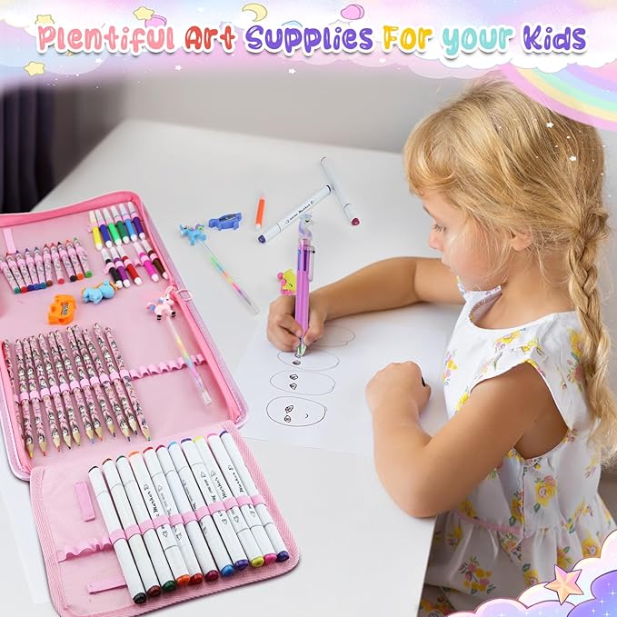 JAMIEWIN Markers Set with Glitter Unicorn Pencil Case, 59 Pcs Art and Craft Supplies Kit for Kids, Unicorn Gifts for Girls 4-9 Year Old for Christmas Birthday
