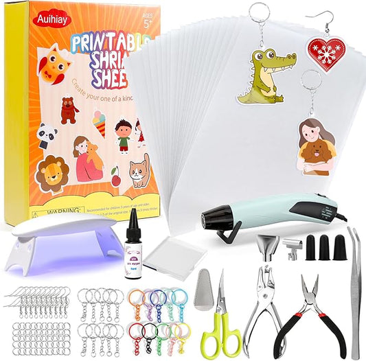 Auihiay Printable Shrink Plastic Sheet Kit, Include Heat Gun, UV Resin, UV Lamp, 20 PCS Printable Shrink Papers and Rich DIY Tools for Crafts Kids DIY Jewelry Making, DIY Christmas Ornaments