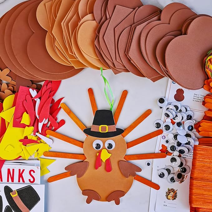Winlyn 24 Sets Thanksgiving Craft Kits Fall Crafts DIY Give Thanks Thanksful Turkey Ornaments Decorations Art Sets Wood Craft Sticks Turkey Foam Stickers Googly Eyes for Kids Classroom Activities