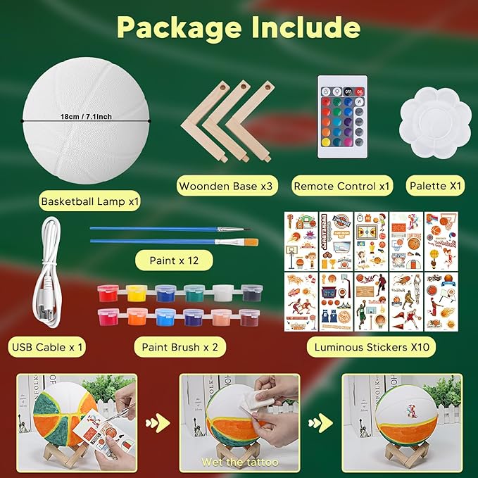 Paint Your Own Basketball Lamp Kit,16 Colors 7.1 Inch DIY 3D Basketball Night Light,Arts and Crafts for Kids Ages 4-12,Art Supplies for Kids Girls Boys Birthday Gifts