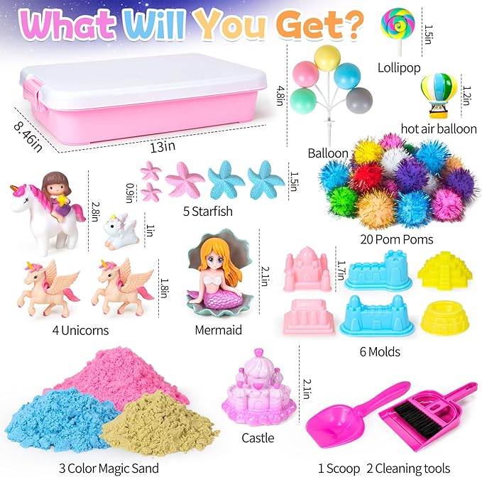 Hymaz Unicorn Sensory Bin, 47 pcs Unicorn & Ocean Sensory Bins for Kids 2-4 5-7, Kids Play Sand for Sandbox Toys, Sandbox with lid Castle Unicorn Toys for Girls Age 4-6 Indoor Xmas Birthday Gifts