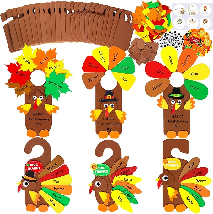 Winlyn 24 Sets Thanksgiving Turkey Doorknob Hanger Decorations Art Sets DIY Thanksgiving Craft Kits Fall Crafts Give Thanks Turkey Foam Stickers Arts and Crafts for Kids Party Classroom Activities