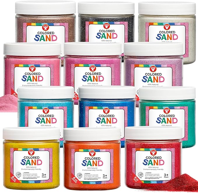 Hygloss Colored Play Sand – Assorted Craft Sand for Christmas Sand Art, 12 Vibrant Colors, 6 oz Each – Perfect for Holiday Gifts, DIY Decorations, and Creative Christmas Crafts