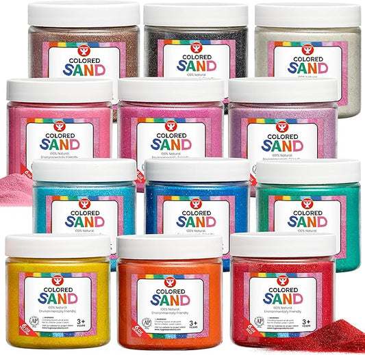 Hygloss Colored Play Sand – Assorted Craft Sand for Christmas Sand Art, 12 Vibrant Colors, 6 oz Each – Perfect for Holiday Gifts, DIY Decorations, and Creative Christmas Crafts