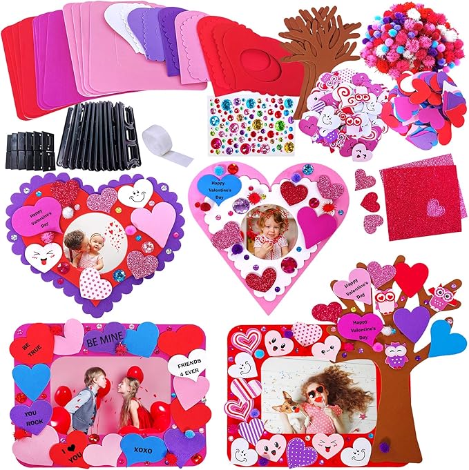 Winlyn 12 Sets Heart Picture Frames Decorations Valentine Crafts Kits DIY Heart Frames Art Sets Smile Hearts Foam Valentine Stickers for Kids Valentine's Day Party Classroom Activities Gift Exchange