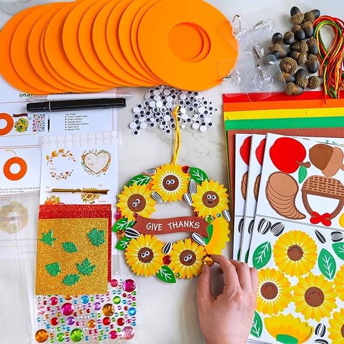 Winlyn 12 Sets Thanksgiving Wreath Signs Decorations Art Sets DIY Fall Thanksgiving Craft Kits Foam Sunflowers Maple Leaves Pumpkin Harvest Stickers for Kids Autumn Classroom Activities Party Favors
